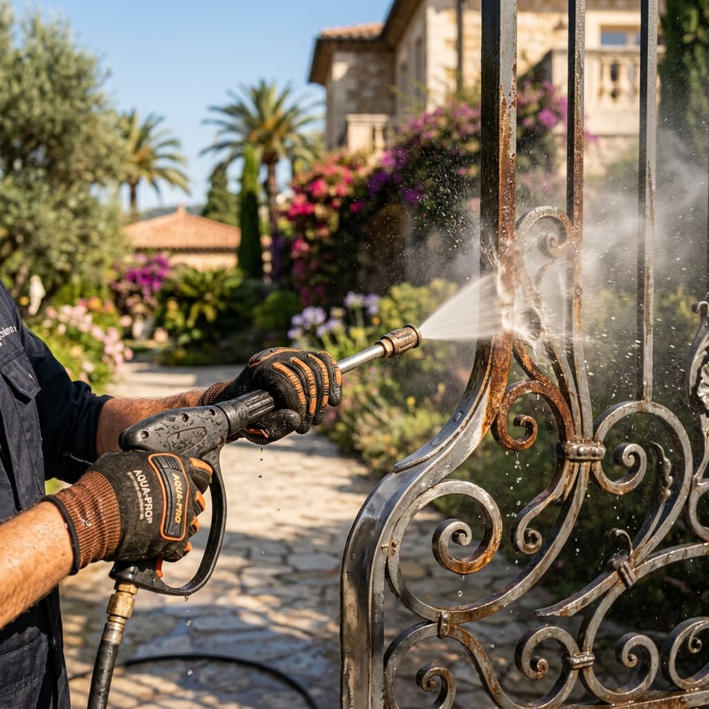 Nettoyage haute pression d'un portail en fer forgé